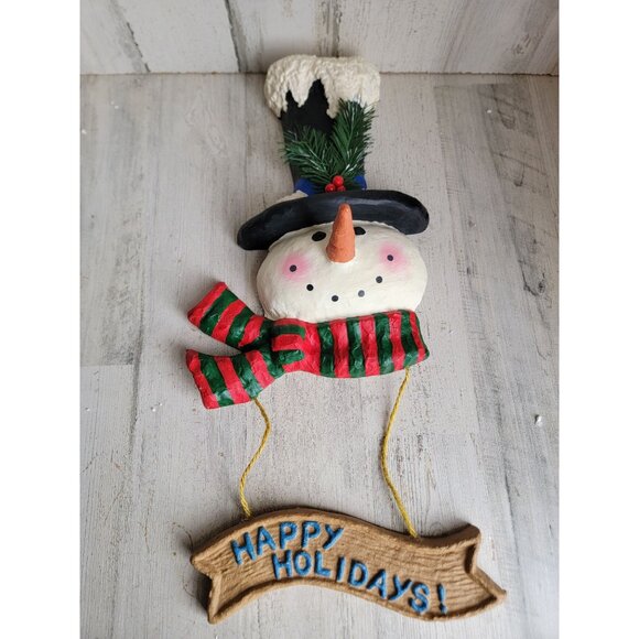Vintage paper mache happy holiday snowman face hanging sign Xmas decor - Picture 1 of 6